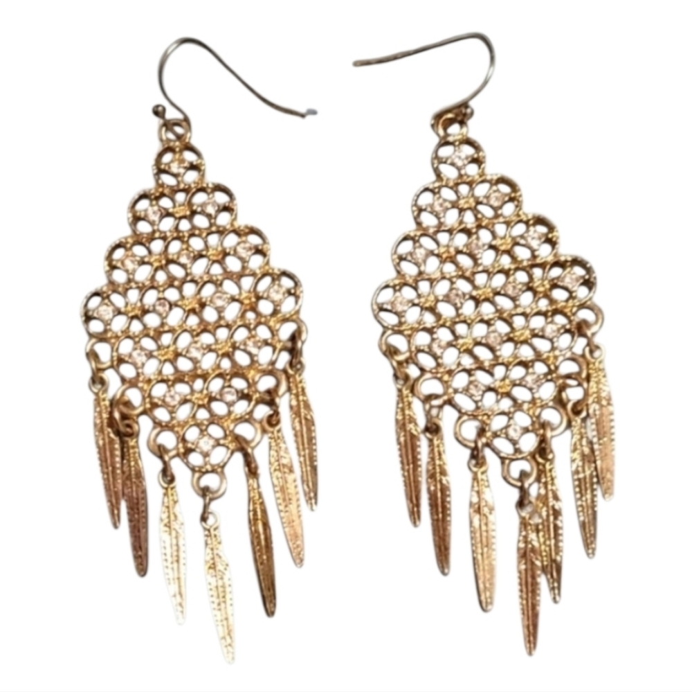 Vintage Gold Rhinestone Dangle Feather Trimmed Earrings With Diamond Pattern
